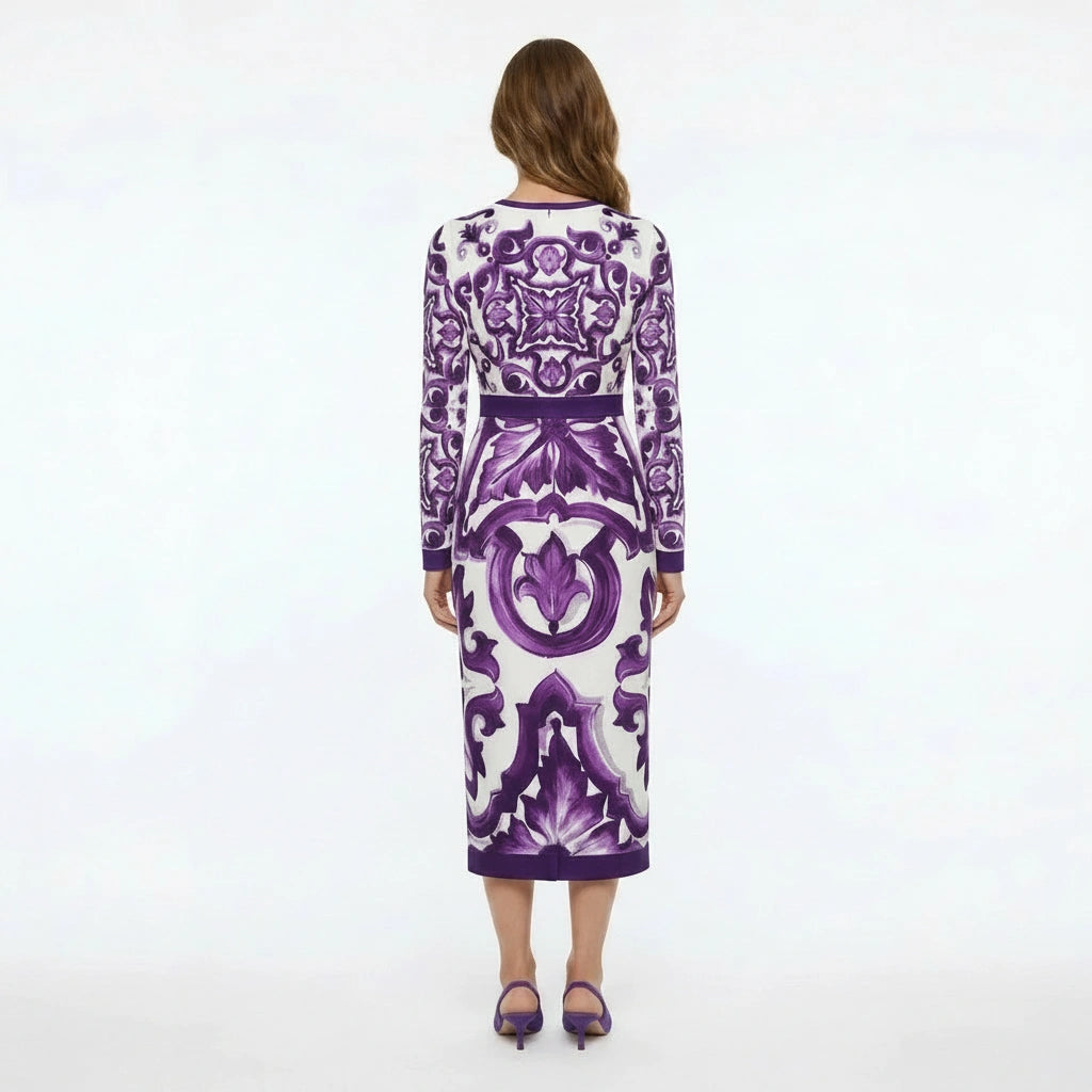 Italian Luxury Purple Majolica print 100% silk dress