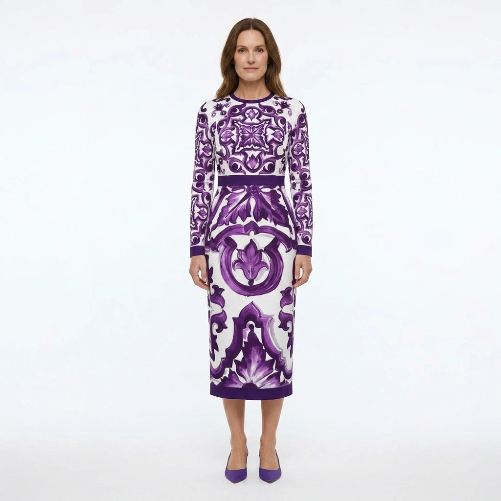 Italian Luxury Purple Majolica print 100% silk dress