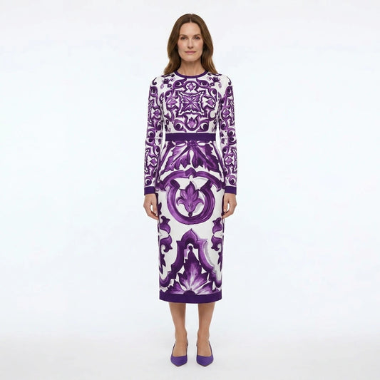 Italian Luxury Purple Majolica print 100% silk dress