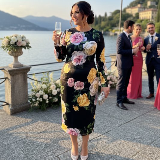 Woman in a floral dress holding a glass by a waterfront with mountains in the background