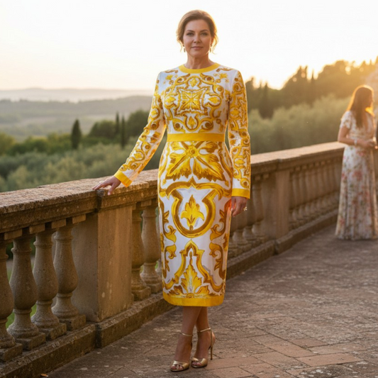 Woman in a yellow and white patterned dress standing on a stone path with a scenic background.