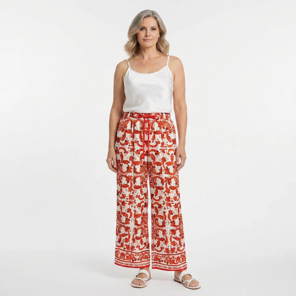 Orange Majolica Silk Wide-Leg Pants with Elastic Waist