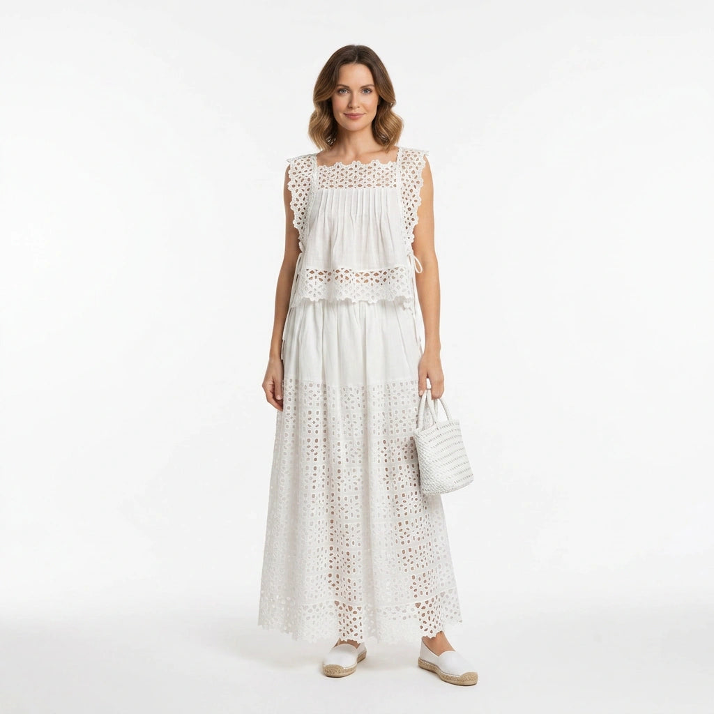 White Broderie Cotton Sleeveless Top and Skirt Set