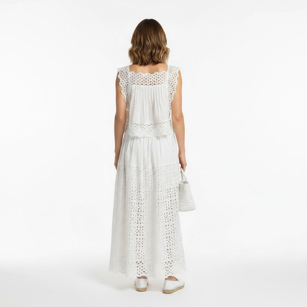 White Broderie Cotton Sleeveless Top and Skirt Set