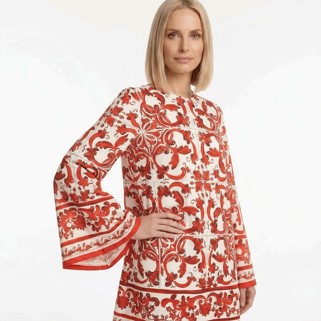 Orange Majolica Silk Mini Dress with Flared Sleeves