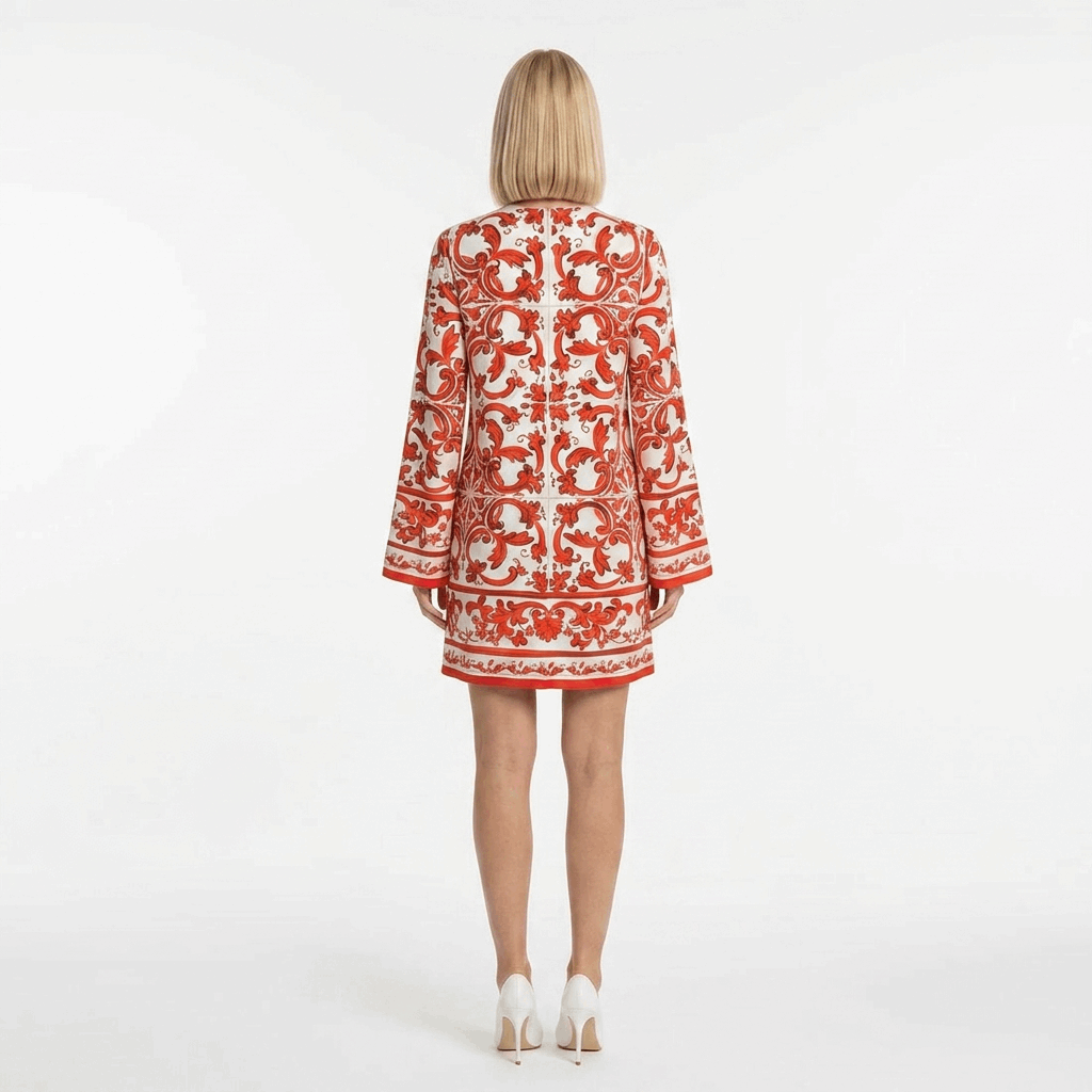 Orange Majolica Silk Mini Dress with Flared Sleeves