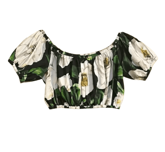 White Roses on Black floral print 100% cotton off shoulder top - Dress By Vicky