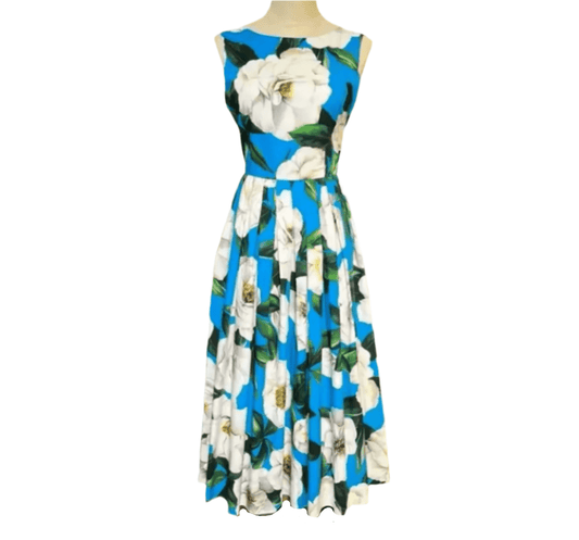 White Roses on Blue floral print plunge back pleated midi cotton dress - Dress By Vicky