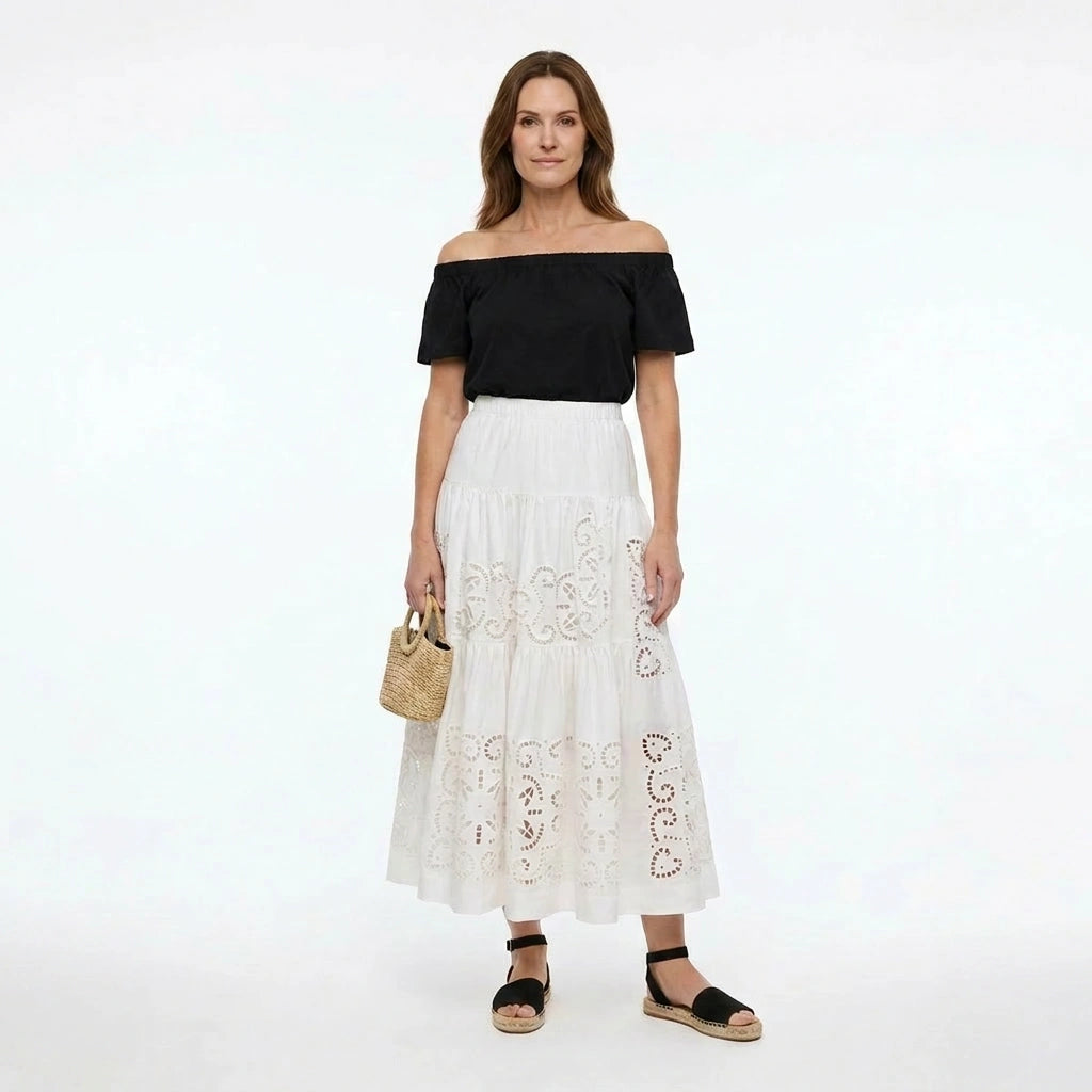 White Broderie Cotton Midi Skirt with Elastic Waist