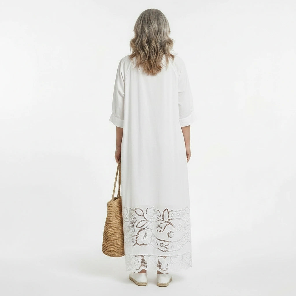 White Broderie Cotton Maxi Dress with Tassel Ties