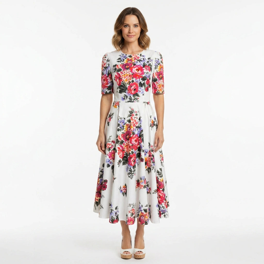 Floralia Italiana Cotton Midi Dress with Pockets