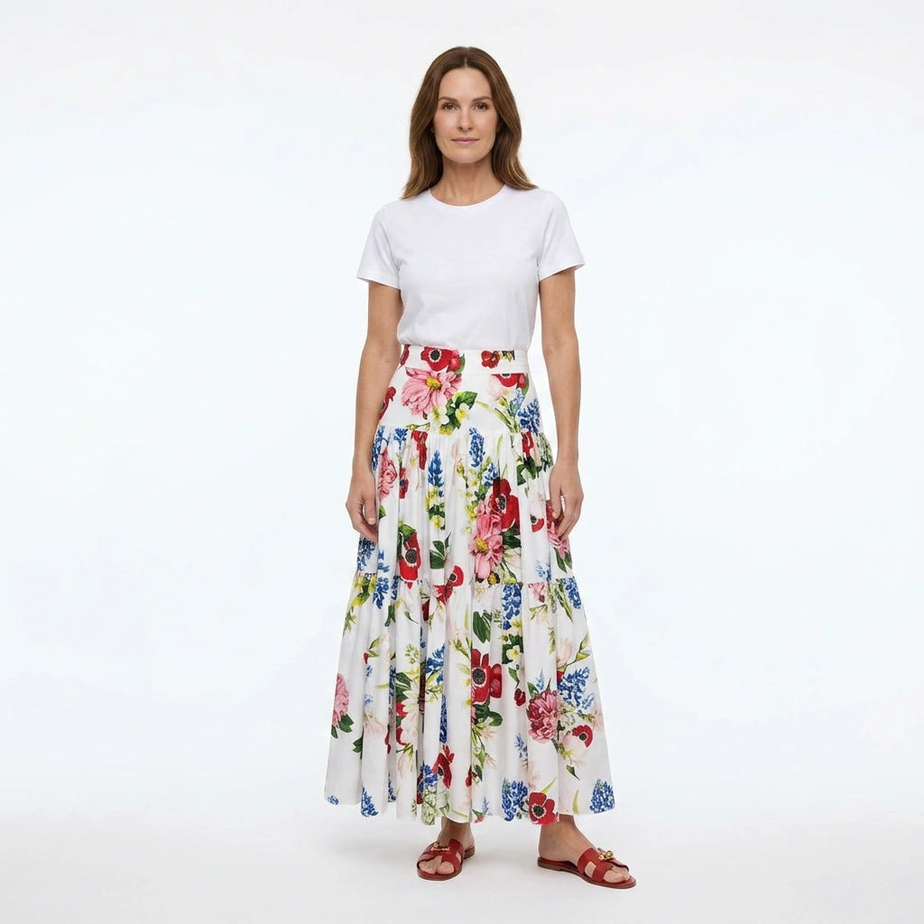 White Floral Cotton Maxi Skirt