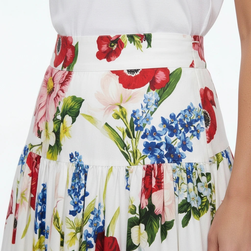 White Floral Cotton Maxi Skirt