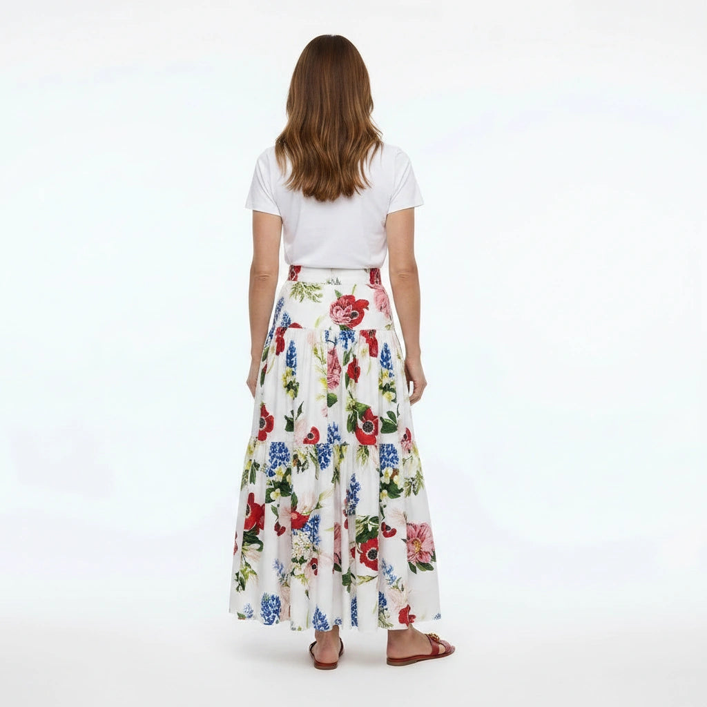 White Floral Cotton Maxi Skirt