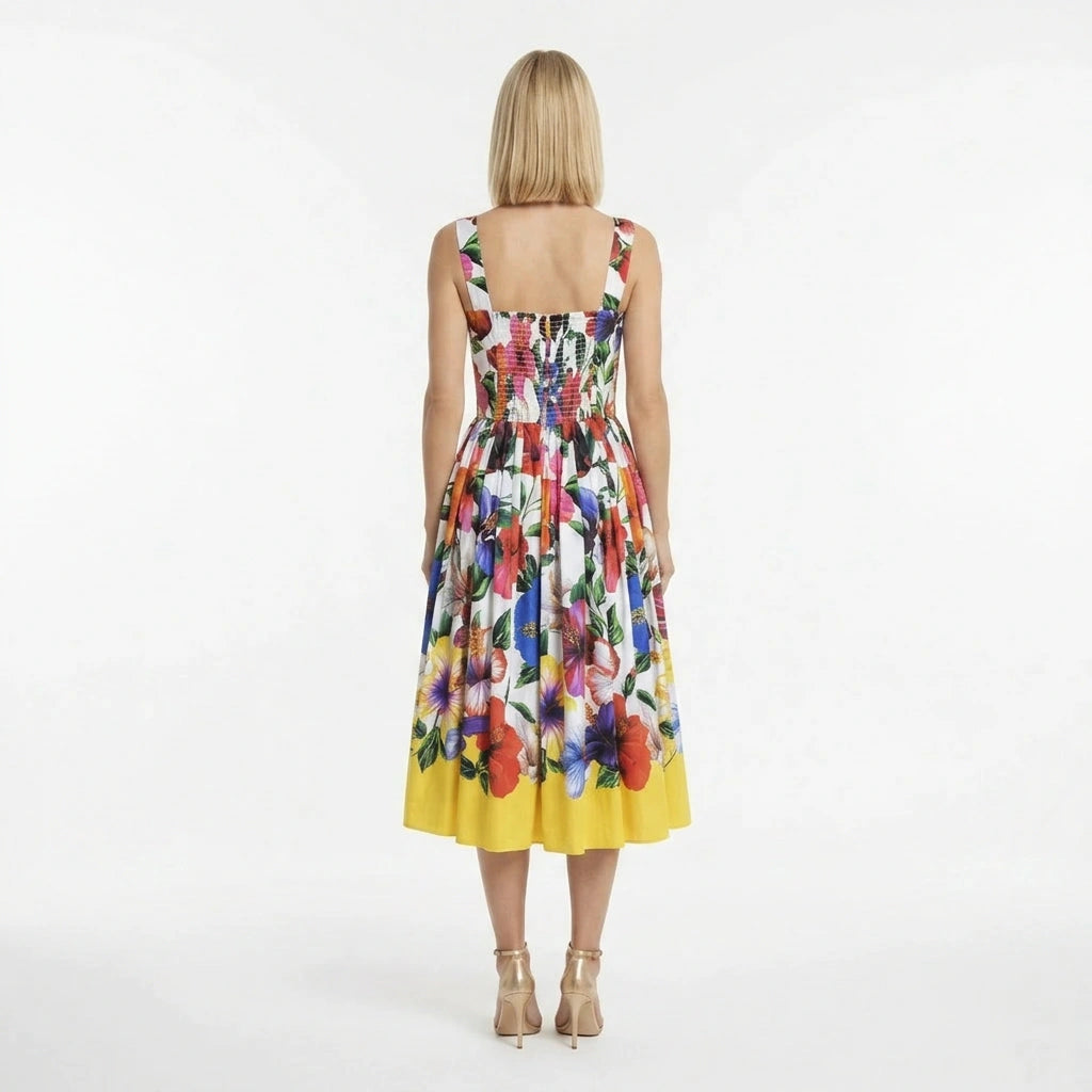 White Floral Cotton Midi Dress with Padded Cups