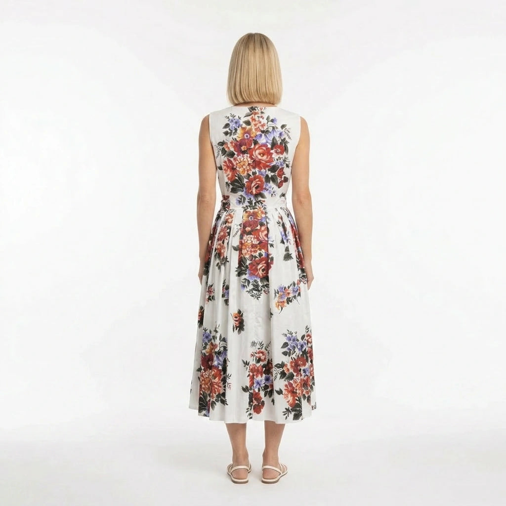 Floralia Italiana White Cotton Midi Dress with Tie Belt