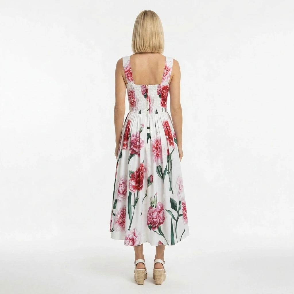Carnation Print Midi Cotton Floral Dress