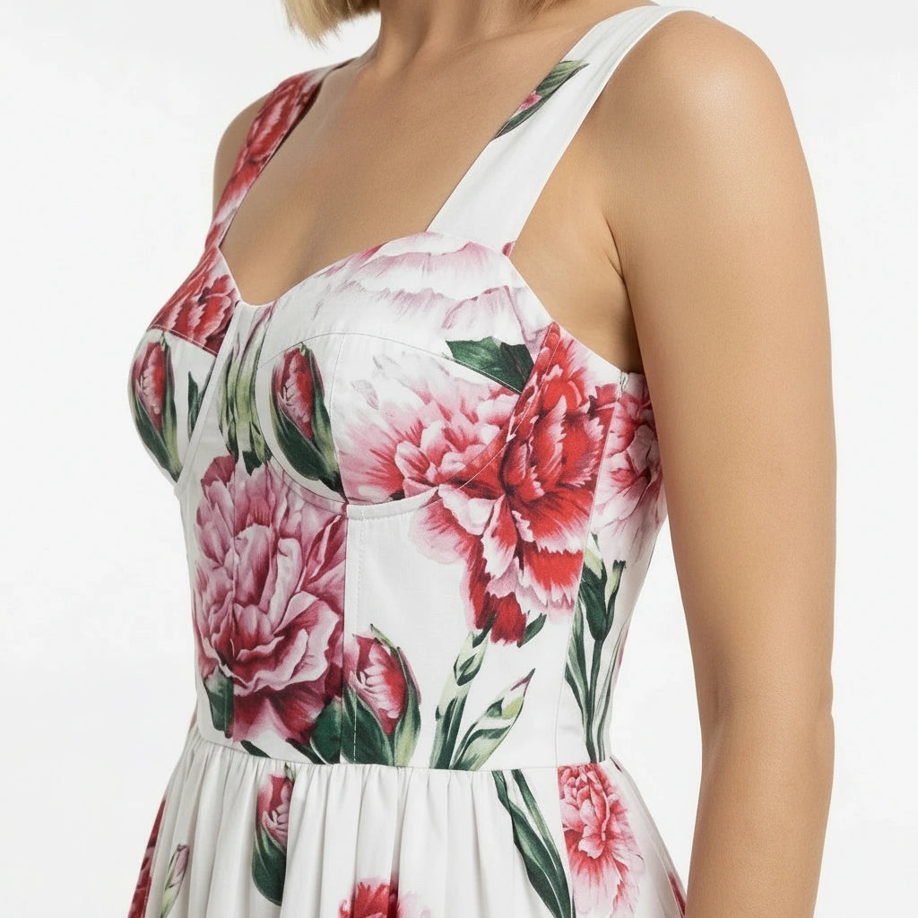 Carnation Print Midi Cotton Floral Dress