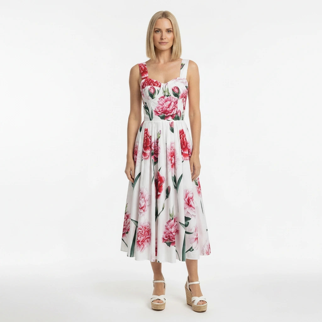 Carnation Print Midi Cotton Floral Dress