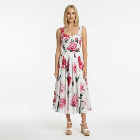 Carnation Print Midi Cotton Floral Dress