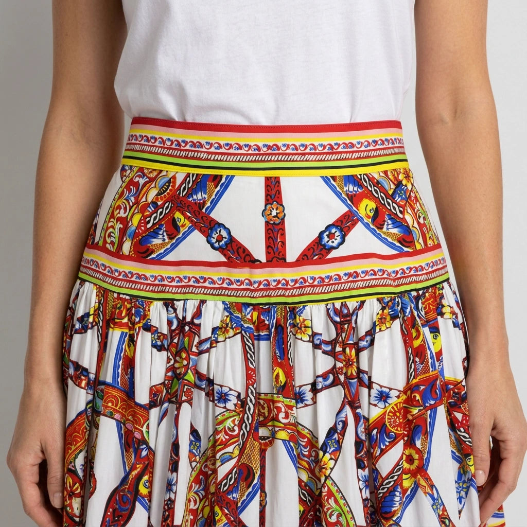 Sicilian Carretto Print White Maxi Cotton Skirt