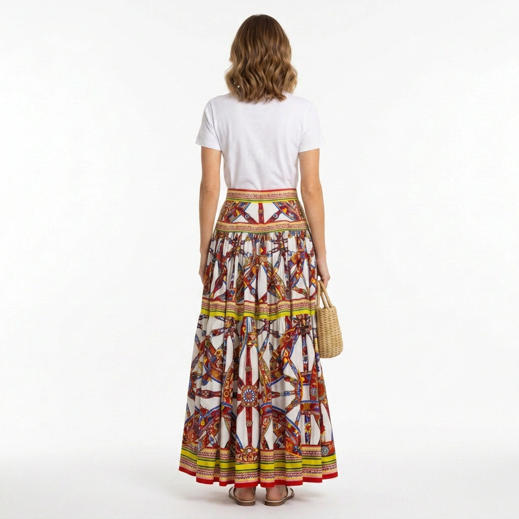 Sicilian Carretto Print White Maxi Cotton Skirt