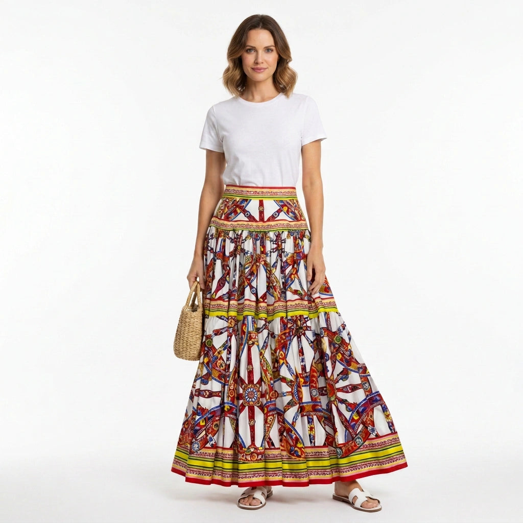Sicilian Carretto Print White Maxi Cotton Skirt