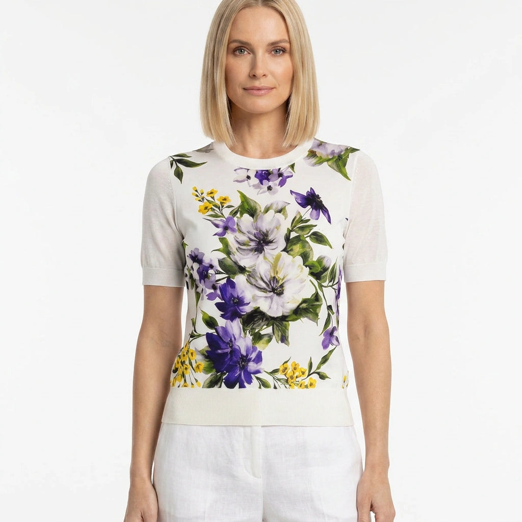 Italian Summer White Floral Silk & Wool Knitted Top