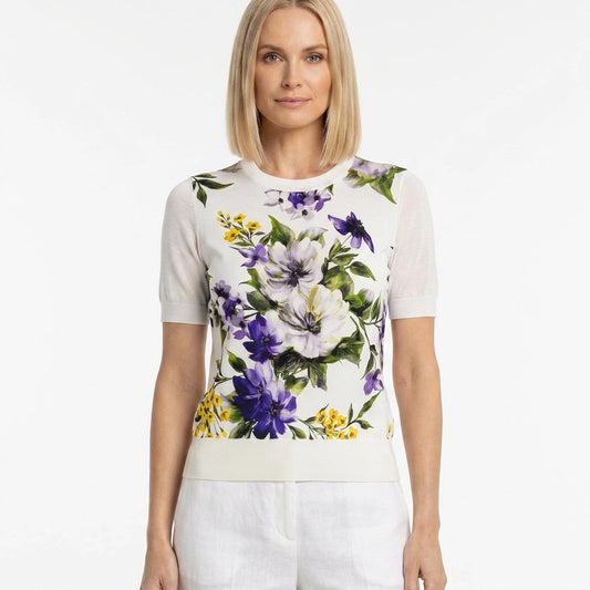Italian Summer White Floral Silk & Wool Knitted Top