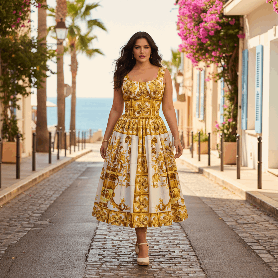 Woman in a yellow and white patterned dress walking on a sunlit street with palm trees and buildings.