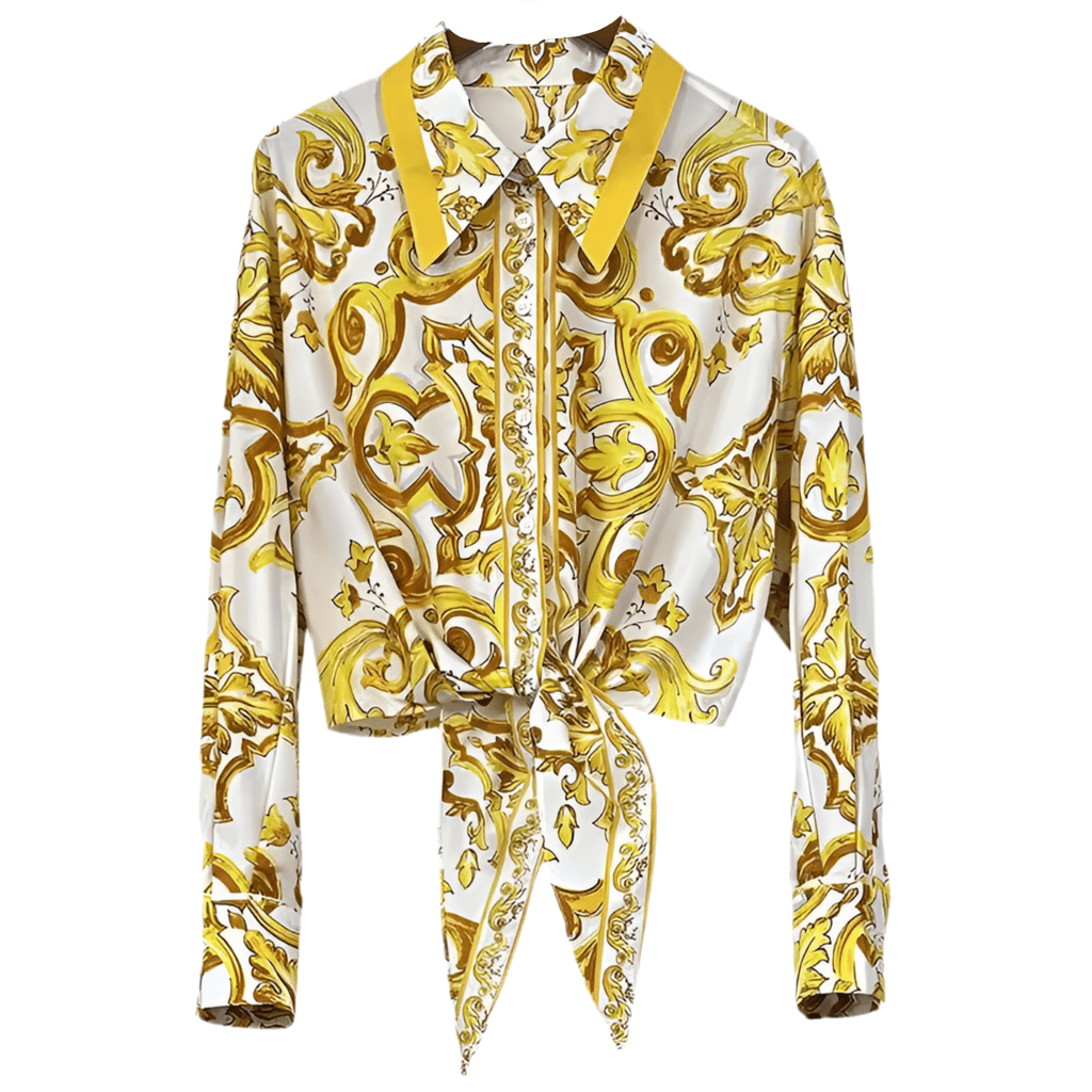 Yellow Majolica porcelain print 100% cotton long sleeve shirt - Dress By Vicky