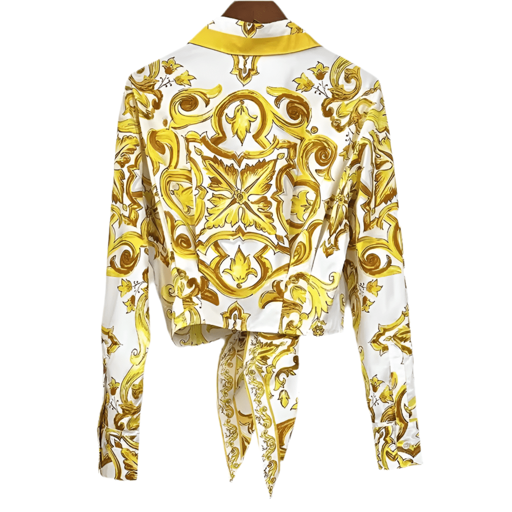 Yellow Majolica porcelain print 100% cotton long sleeve shirt - Dress By Vicky