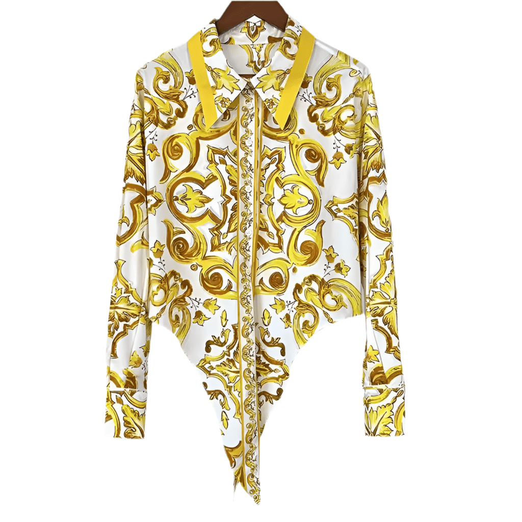 Yellow Majolica porcelain print 100% cotton long sleeve shirt - Dress By Vicky
