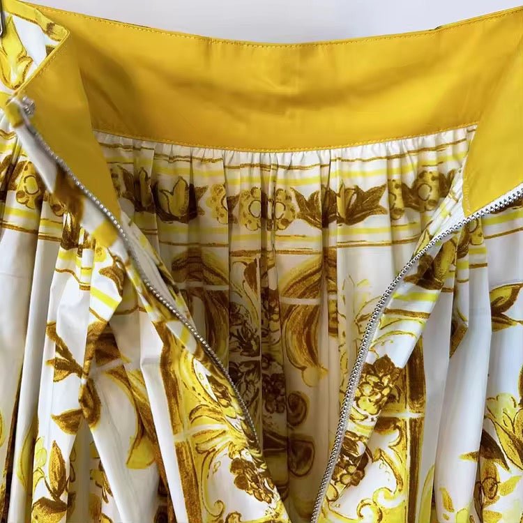 Yellow Majolica porcelain print 100% cotton midi skirt - Dress By Vicky