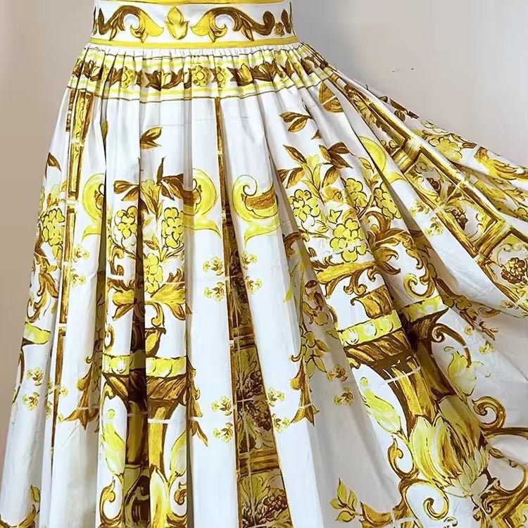 Yellow Majolica porcelain print 100% cotton midi skirt - Dress By Vicky