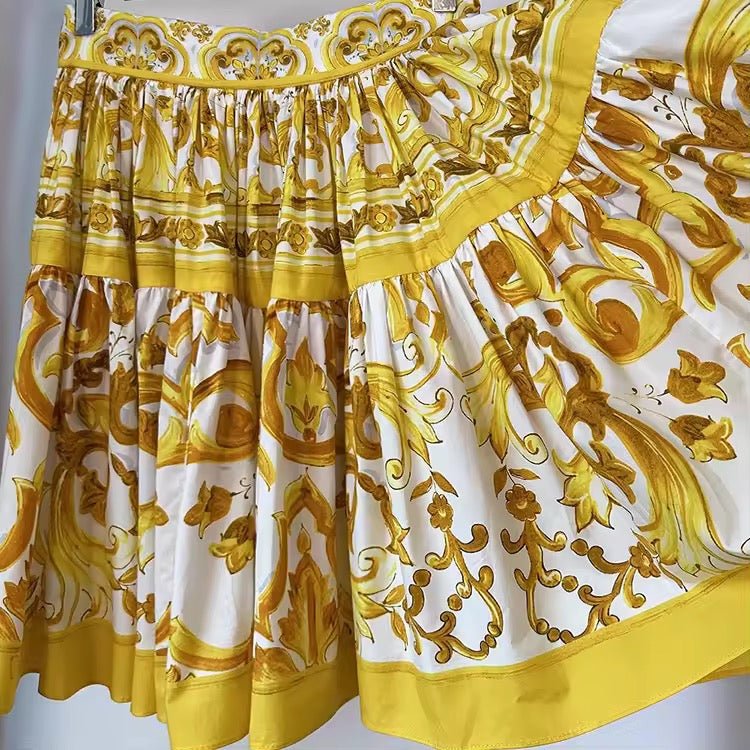 Yellow Majolica porcelain print 100% cotton mini skirt - Dress By Vicky