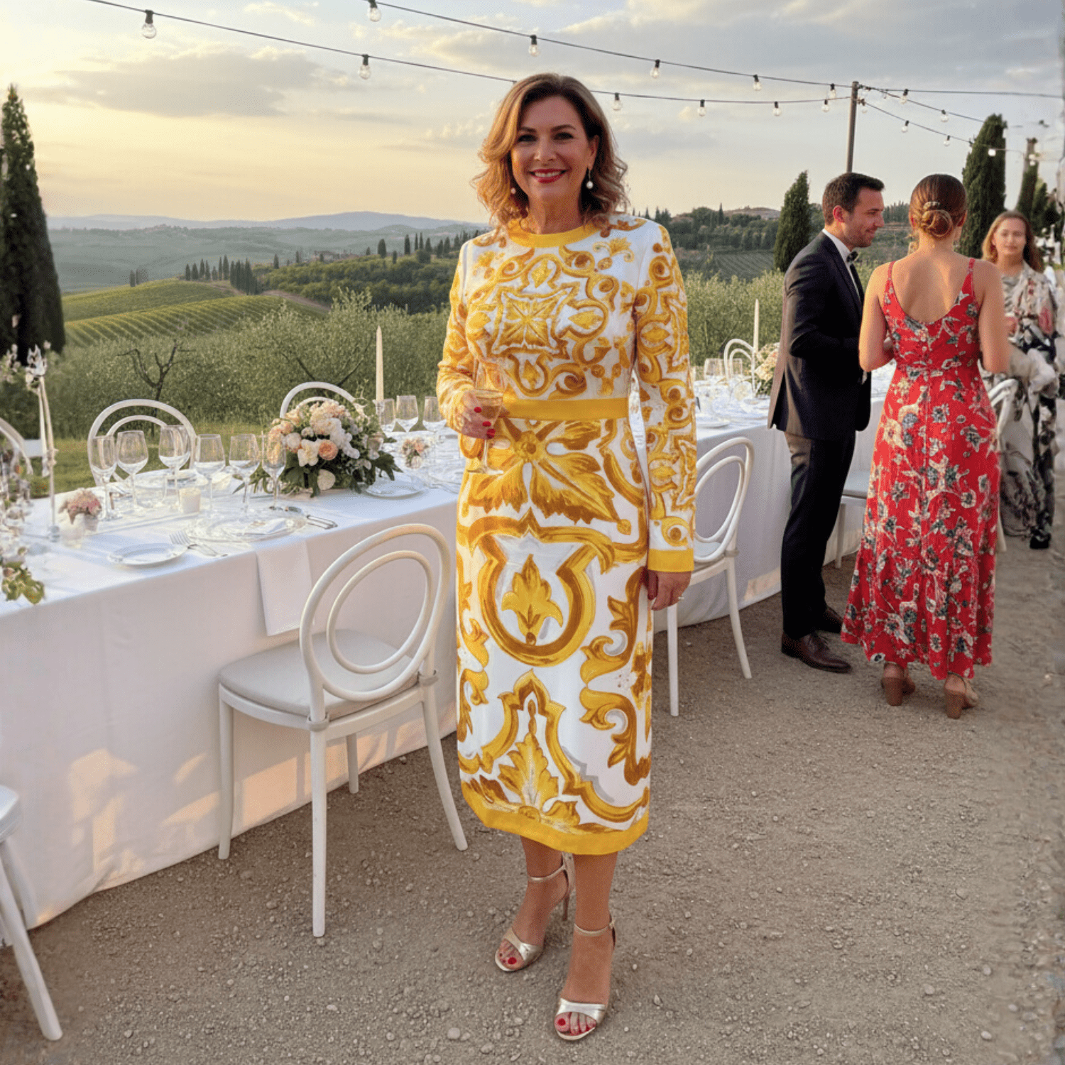 Yellow Majolica Porcelain print 100% silk midi dress - Dress By Vicky