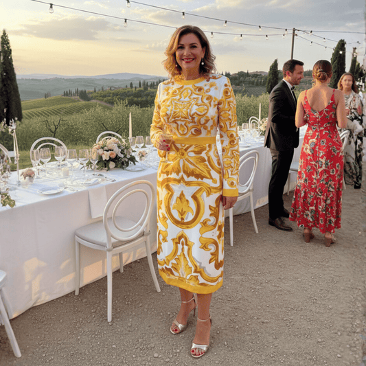 Yellow Majolica Porcelain print 100% silk midi dress - Dress By Vicky