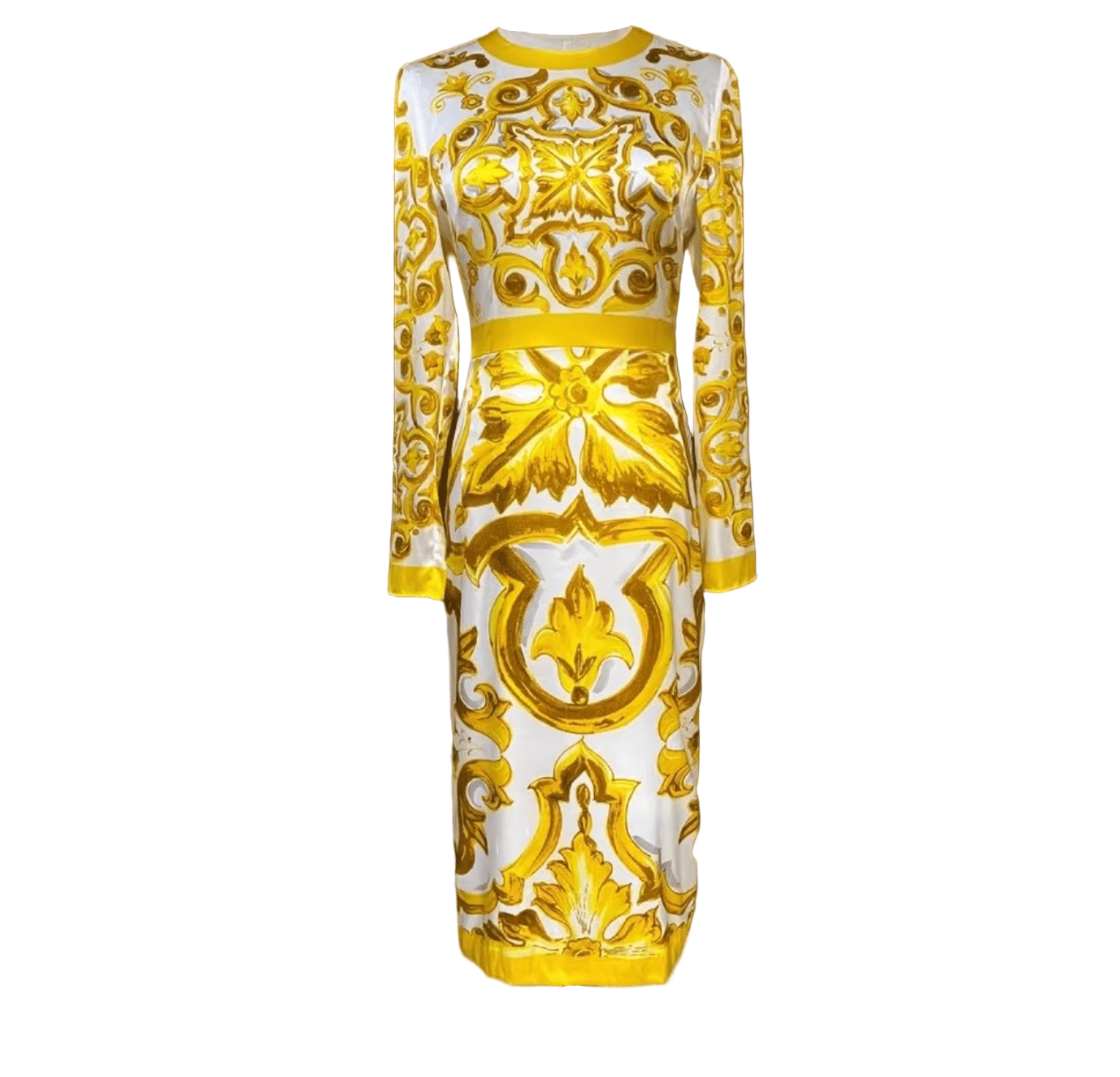 Yellow Majolica Porcelain print 100% silk midi dress - Dress By Vicky