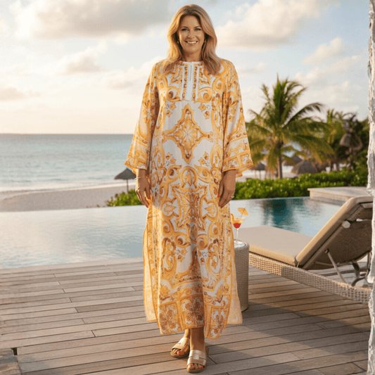 Yellow Majolica Porcelain print maxi Kaftan dress - Dress By Vicky