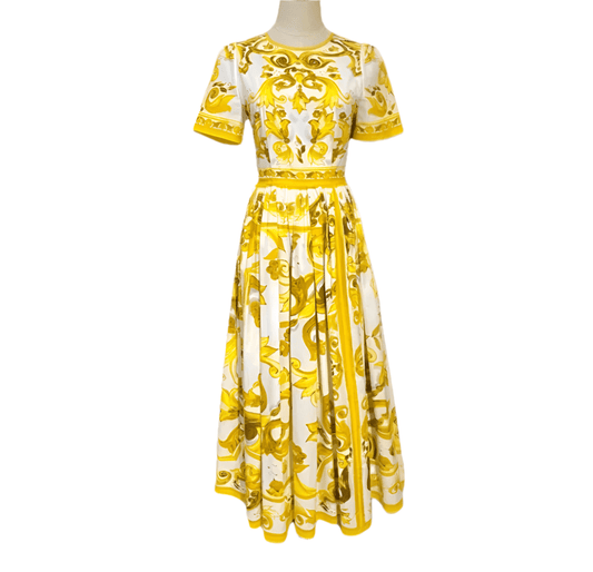 Yellow Majolica Tiles print short sleeve cotton midi dress - Dress By Vicky