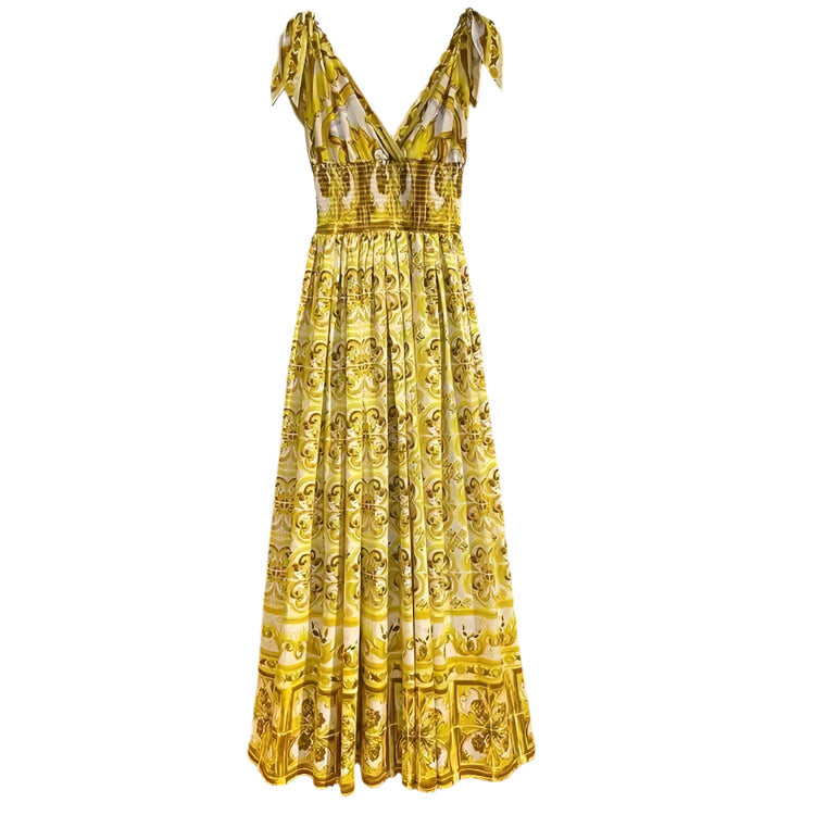 Yellow porcelain print full length cotton dress, runway dress, summer dress, dolce vita dress, Sicily dress - Dress By Vicky