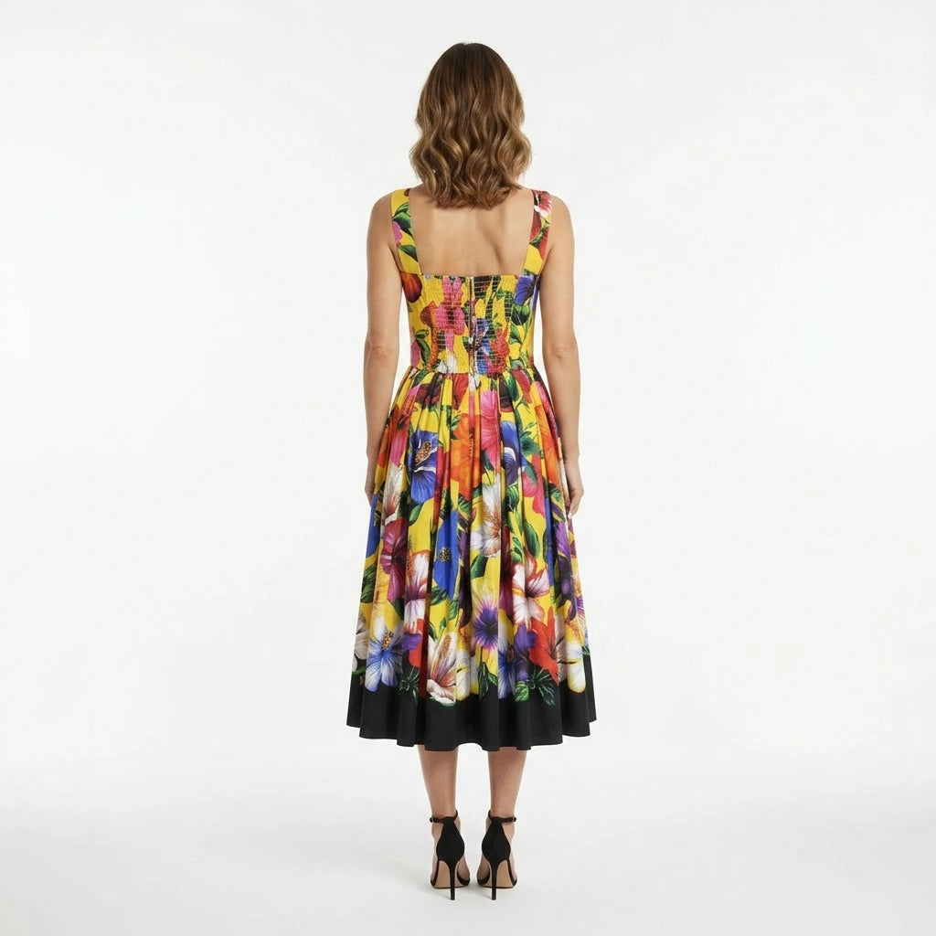 Yellow Floral Cotton Midi Dress with Padded Cups