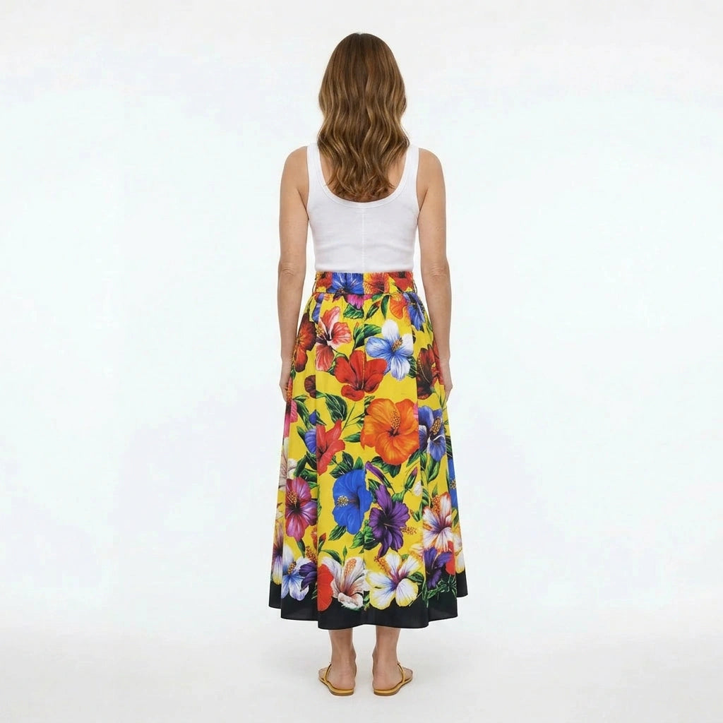 Multicolour Floral Yellow Cotton Midi Skirt
