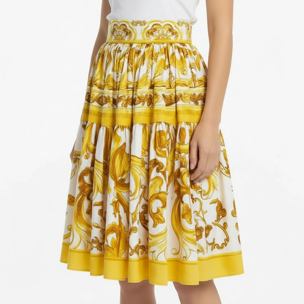 Yellow Majolica porcelain print 100% cotton mini skirt