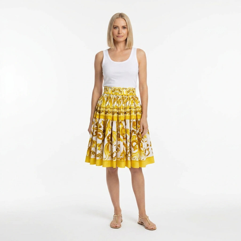Yellow Majolica porcelain print 100% cotton mini skirt