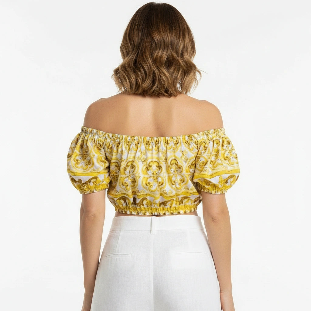Yellow Majolica Off-Shoulder Cotton Crop Top