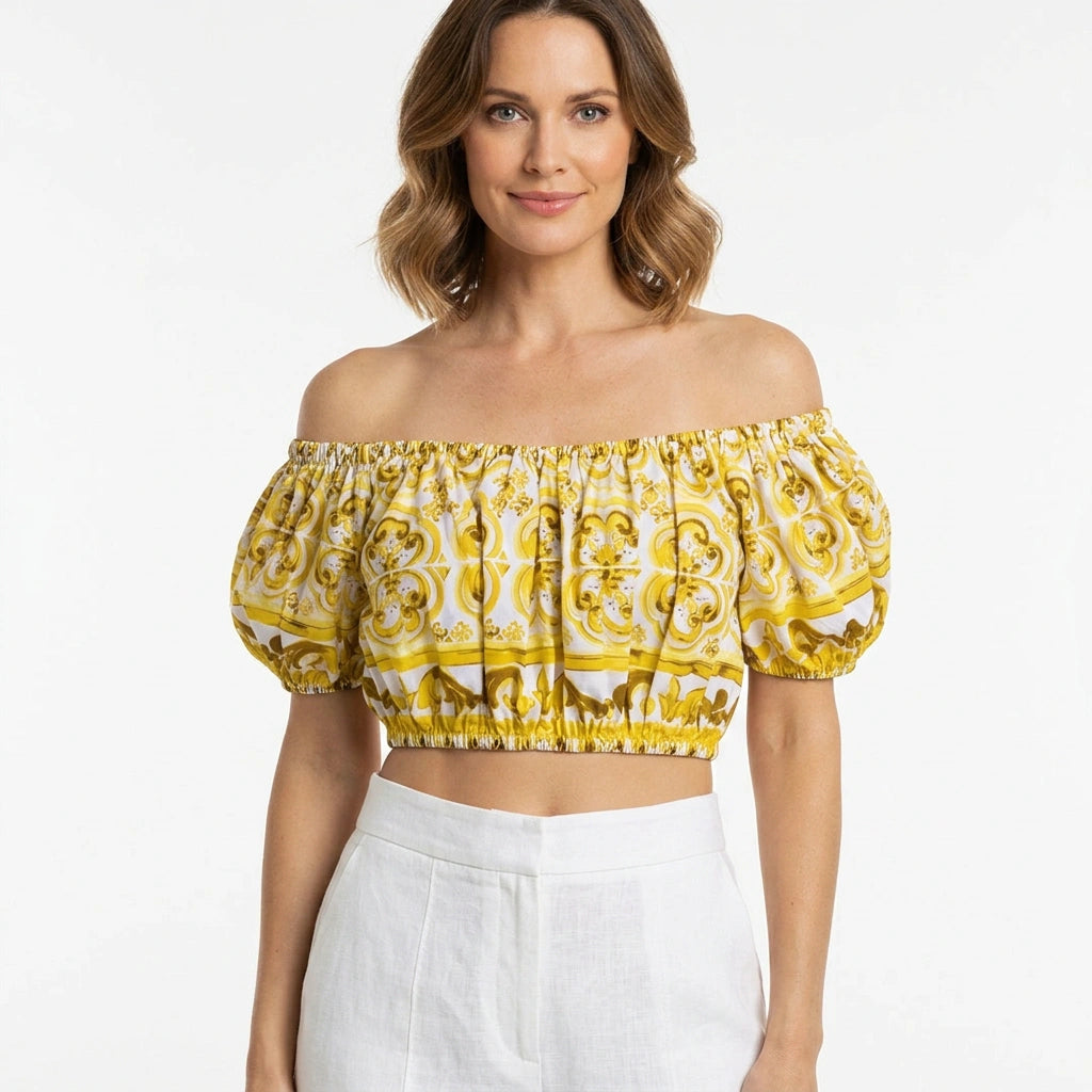 Yellow Majolica Off-Shoulder Cotton Crop Top