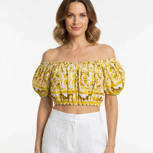 Yellow Majolica Off-Shoulder Cotton Crop Top