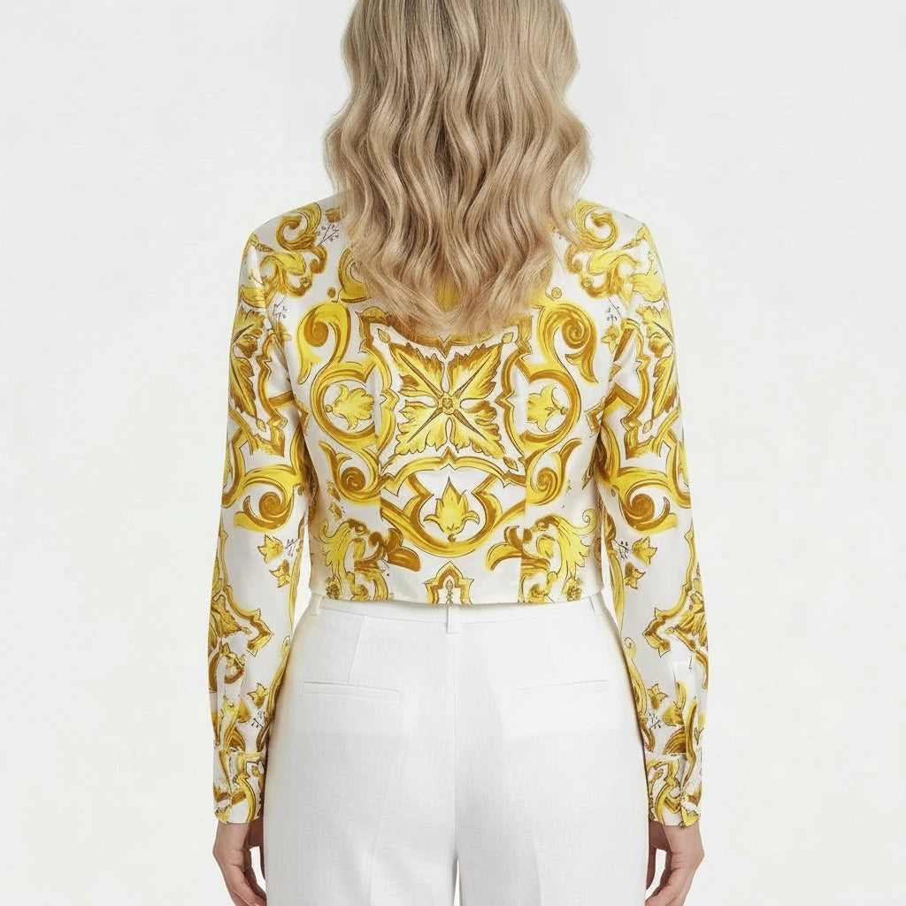 Yellow Majolica print long sleeve cotton shirt